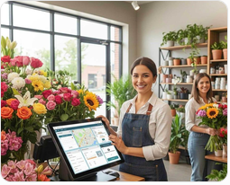 Florist standing beside a point-of-sale screen in a flower shop